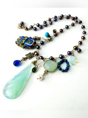 Mixed Gemstone Charm Necklace, Freshwater Pearl Chalcedony Necklace